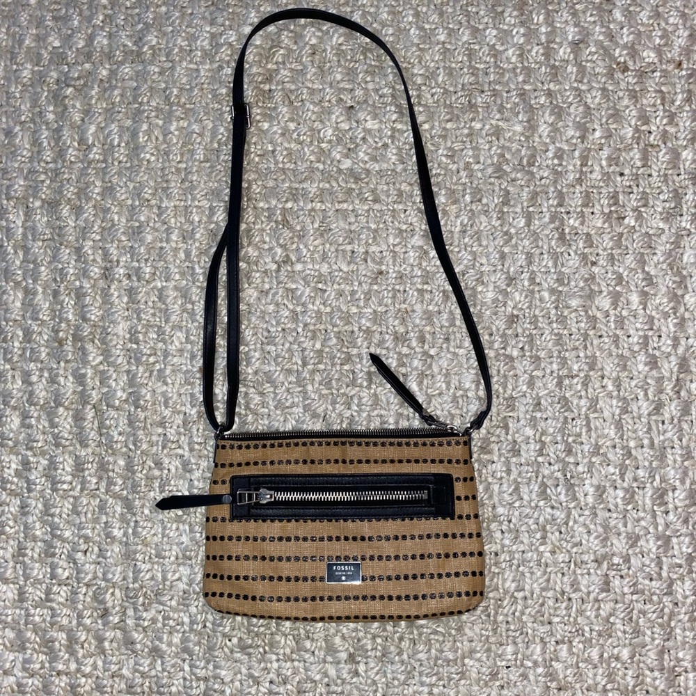 Fossil Tan Black Striped Vinyl Crossbody Bag